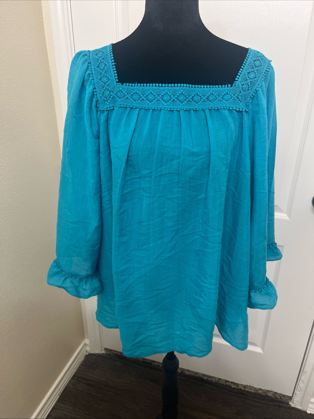 Breezy Zac & Rachel Turquoise Square Neckline Flare SleevesPeasant Top Blouse 2X